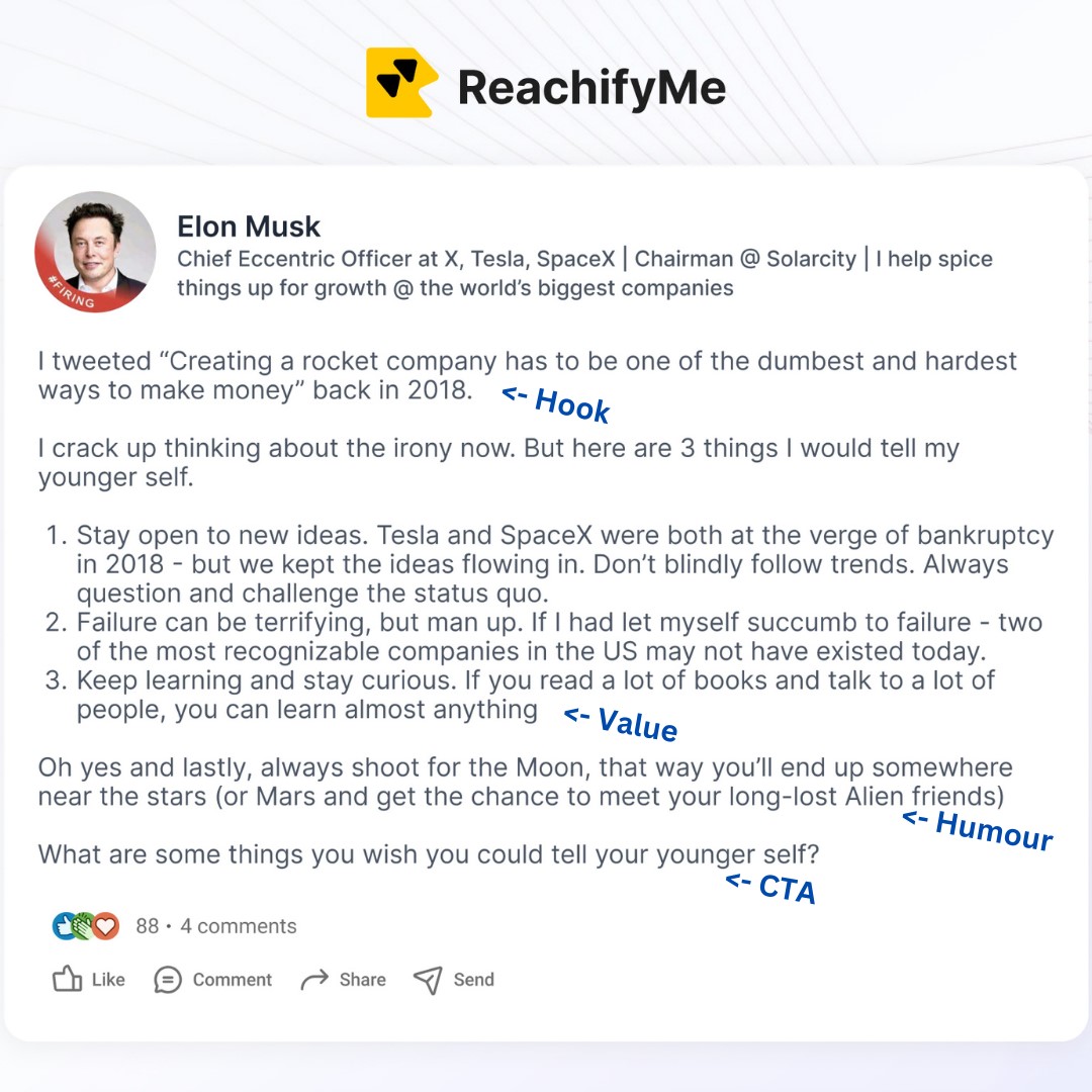 AI-generated LinkedIn Post imagined for Elon Musk’s LinkedIn account to explain that an engaging LinkedIn post has a proper hook, offers value, invokes emotions and has a strong call-to-action