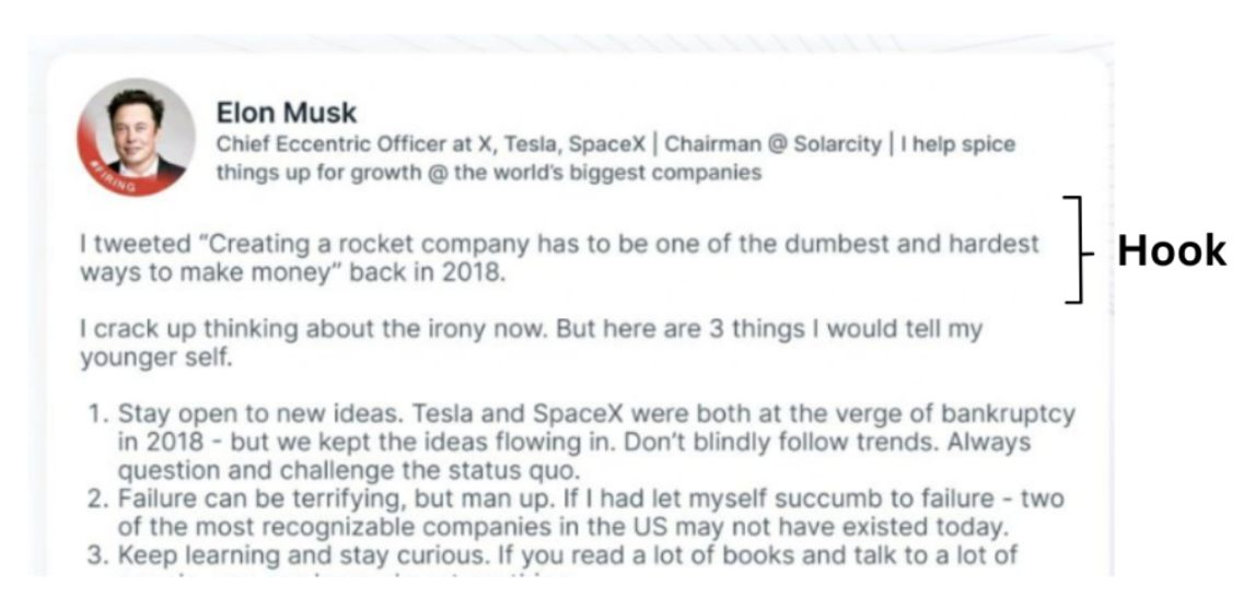 Elon Musk profile show the usage hooks in the first line