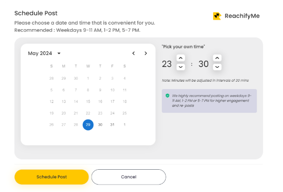 ReachifyMe’s Scheduling Post Tool provides calendar and time to schedule post